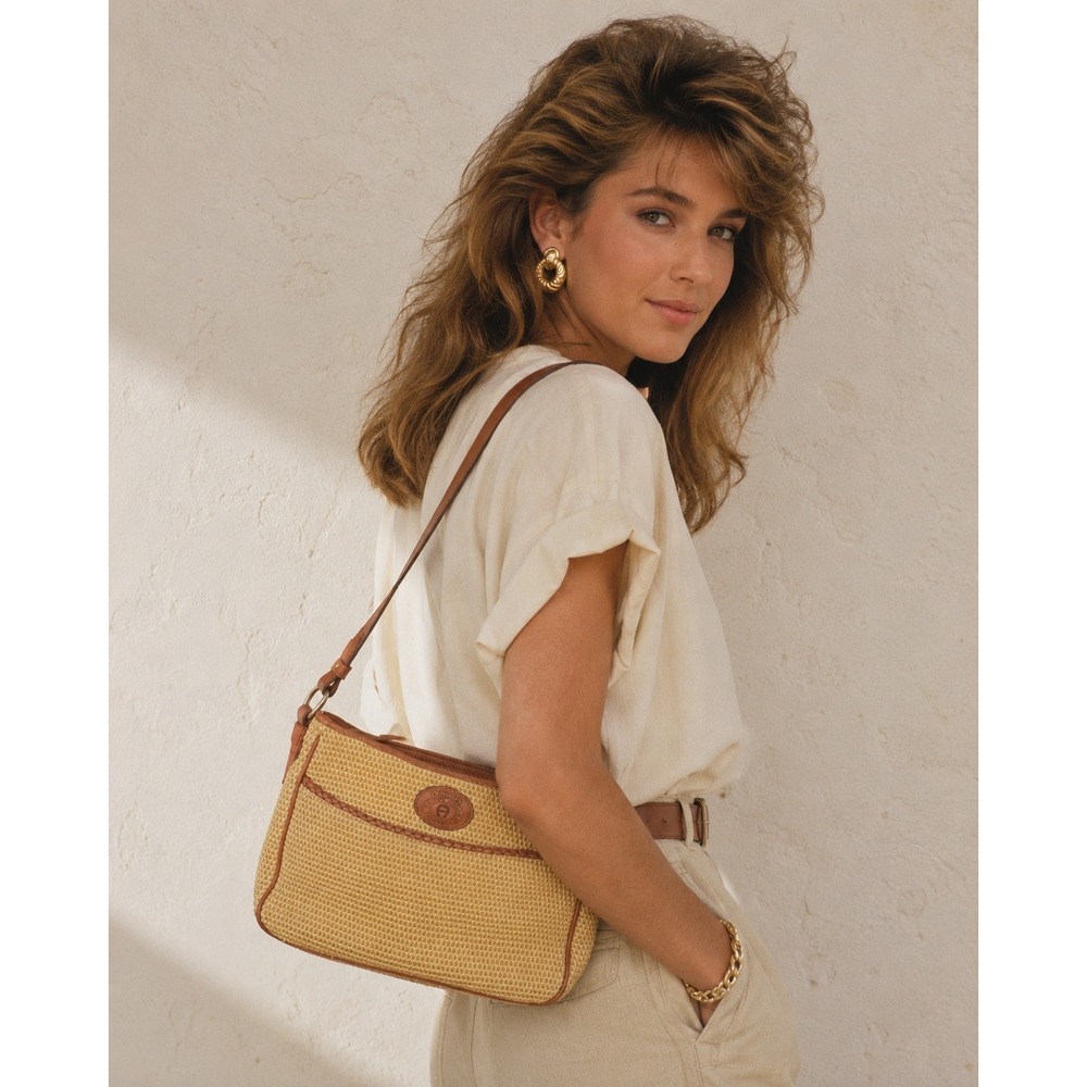 Etienne Aigner 90s Woven Straw Leather Trim Crossbody‎ Bag Tan Cognac Brown